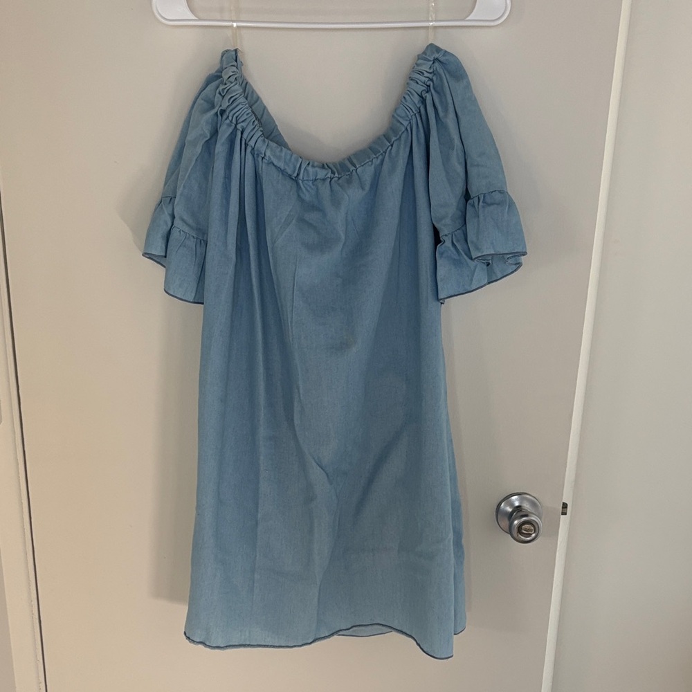 See You Monday Light Blue Off-Shoulder Mini Dress